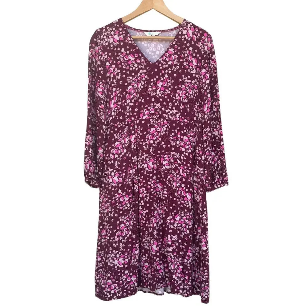 Boden Easy Midi Dress Mulled Wine Autumnal Leaves Burgundy Floral Soft Size 6P - Picture 3 of 6
